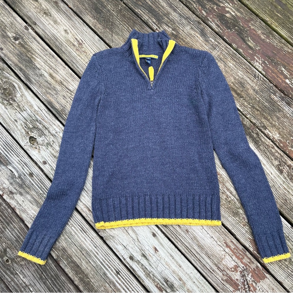 cute blue and yellow quarter zip sweater
brand prince & fox
size xs